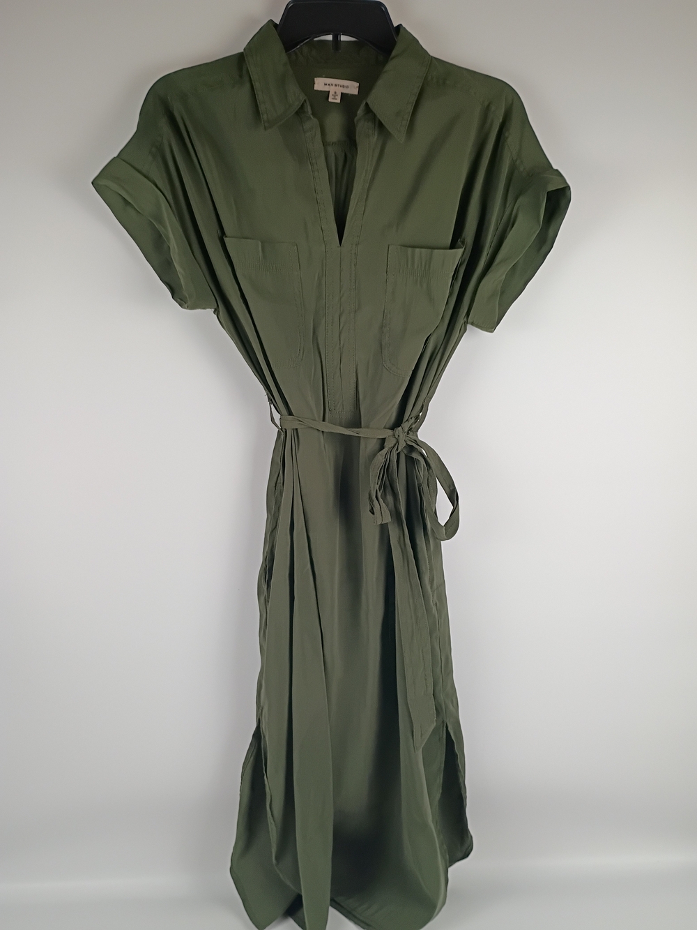 Max Studio Olive Green Maxi Shirt Dress with Tie Waist